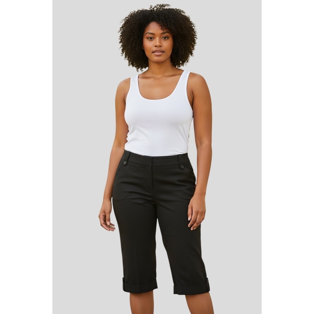 Ellemenno Womens Black Bermuda City Shorts Size‎ 13 Cuffed Button Detail Stretch